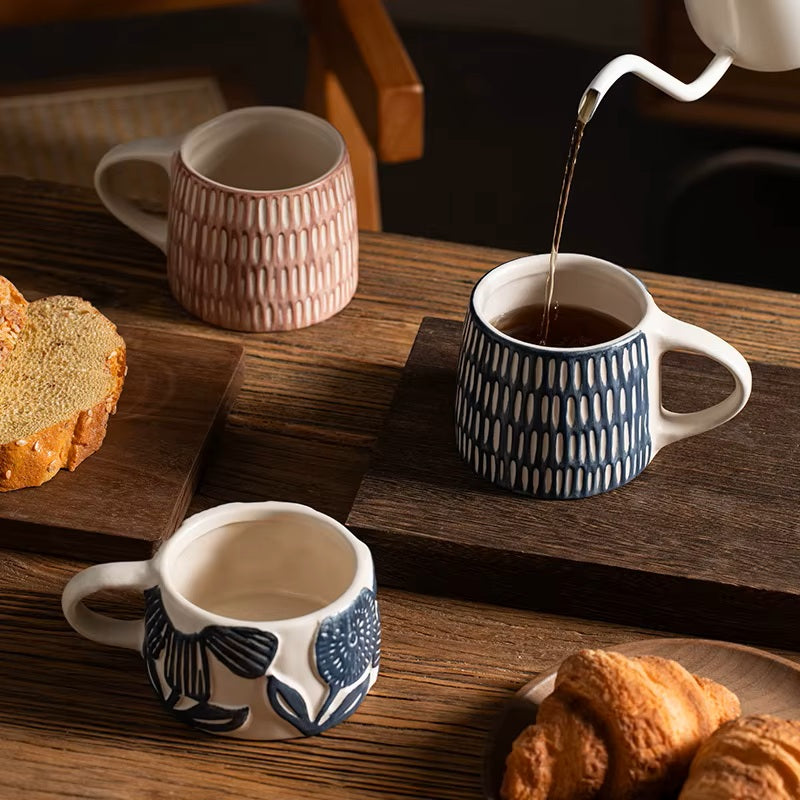 Organic Coffee And Tea Mugs In Blue And Pink Patterns With Retro Craft Style