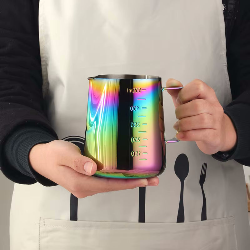 Barista Holding Big Frothing Pitcher For Latte Foam Ombre Color Rainbow Iridescent Metal