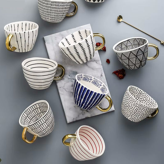 Ceramic Mugs With Bling Gold Handle Cups Artistic Style Pottery