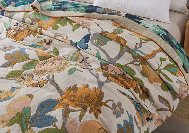 Colorful Flowers Birds And Butterflies Cotton Blanket Butterfly Grove Coverlet