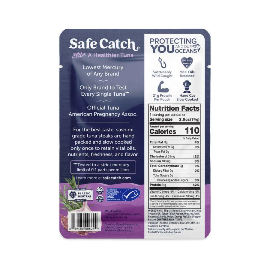 Garlic Herb Safe Catch Elite Pure Wild Tuna Pouch Ingredients And Nutrition Facts