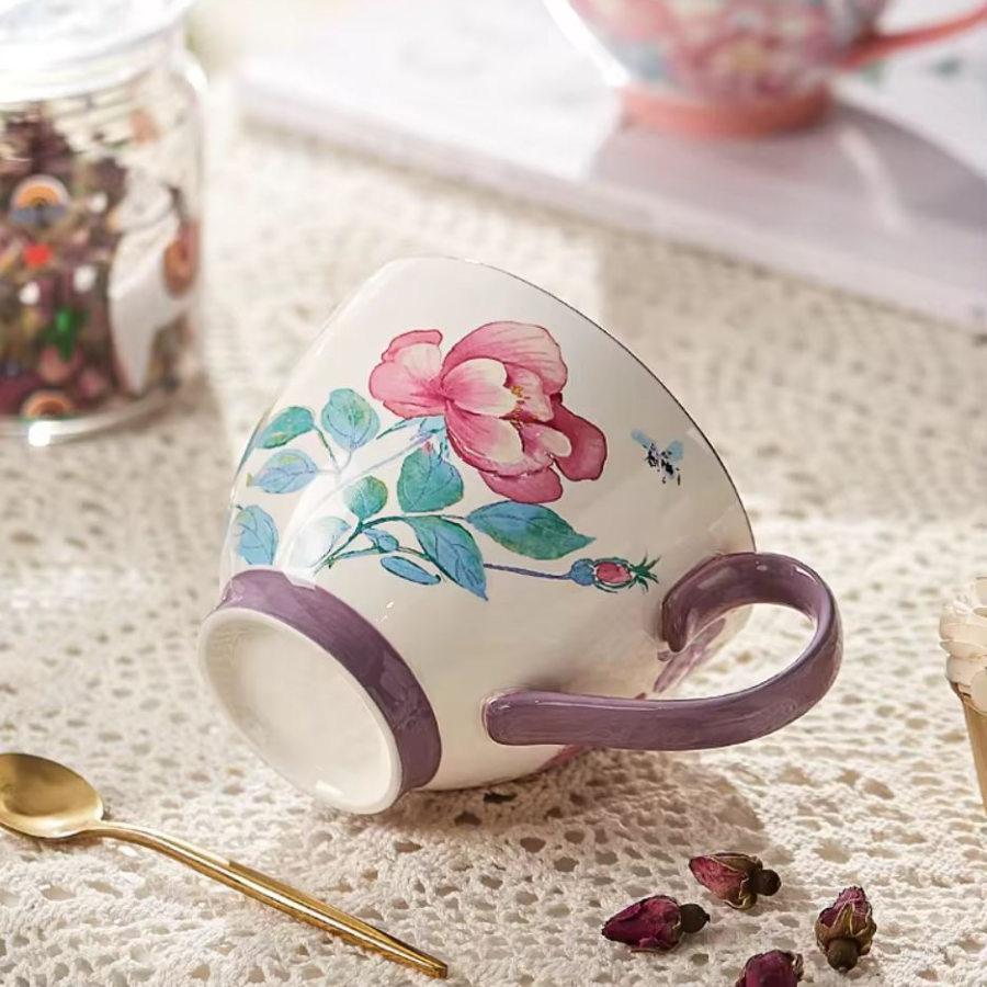 Floral Mug With Watercolor Rose Garden Style Painting On Pottery