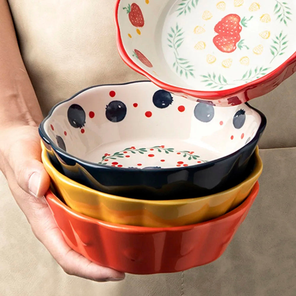 Holding Stack Of Colorful Ceramic Bowls In Cottage Vintage Style