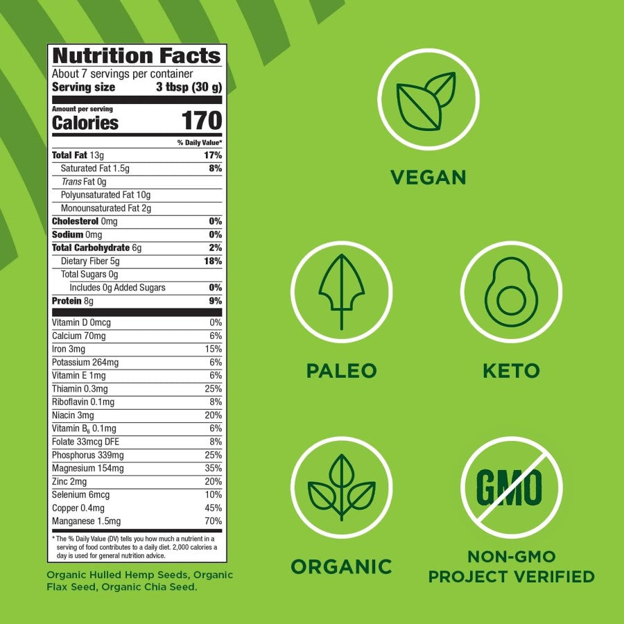 Vegan Paleo Keto Organic Non-GMO Project Verified Hulled Hemp Seed Flax Seed Chia Seed Blend From Manitoba Harvest