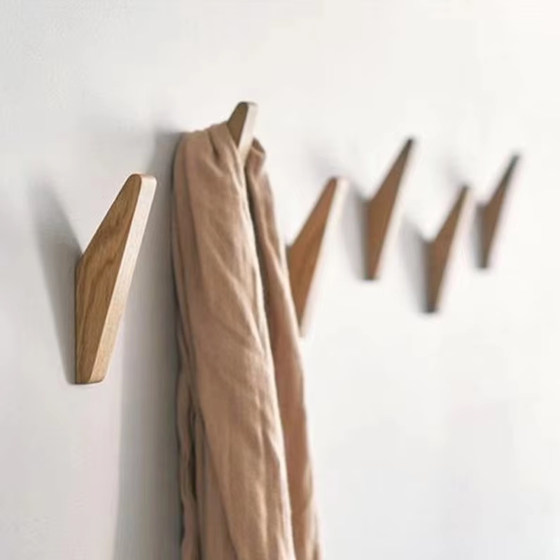 Organic Decor Oak Wood Wall Hooks For Hanging Items Modern Natural Triangle Shape Hook