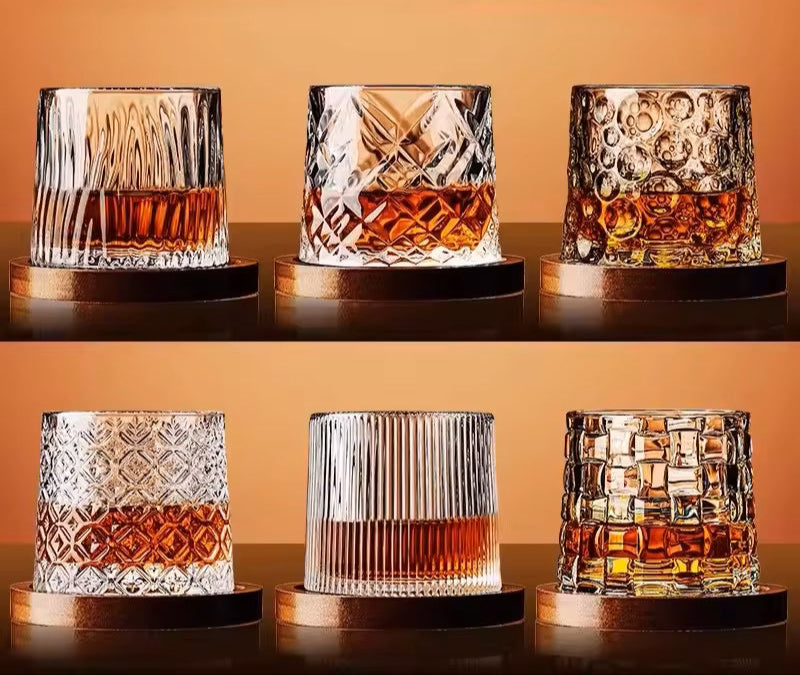 Six Luxury Yacht Club Style Glasses With Coasters Rotating Whiskey Tumblers