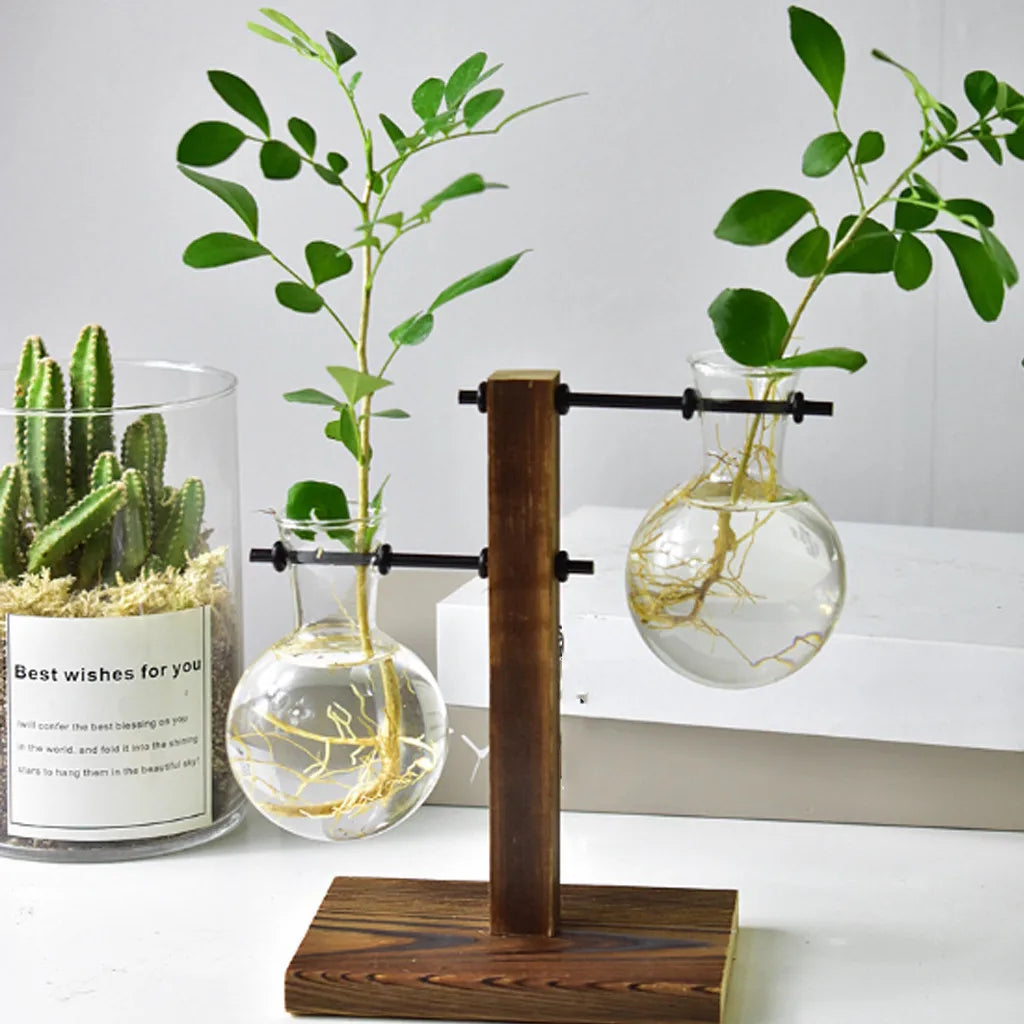 Greenery Plants In Glass And Wood Hanging Post Tabletop Vases Staggered Glass Vase Style Home Decor