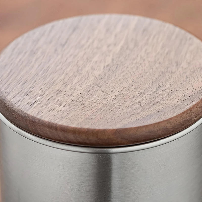 Walnut Wood Grains Of Wooden Lid On Stainless Steel Canister For Food Storage