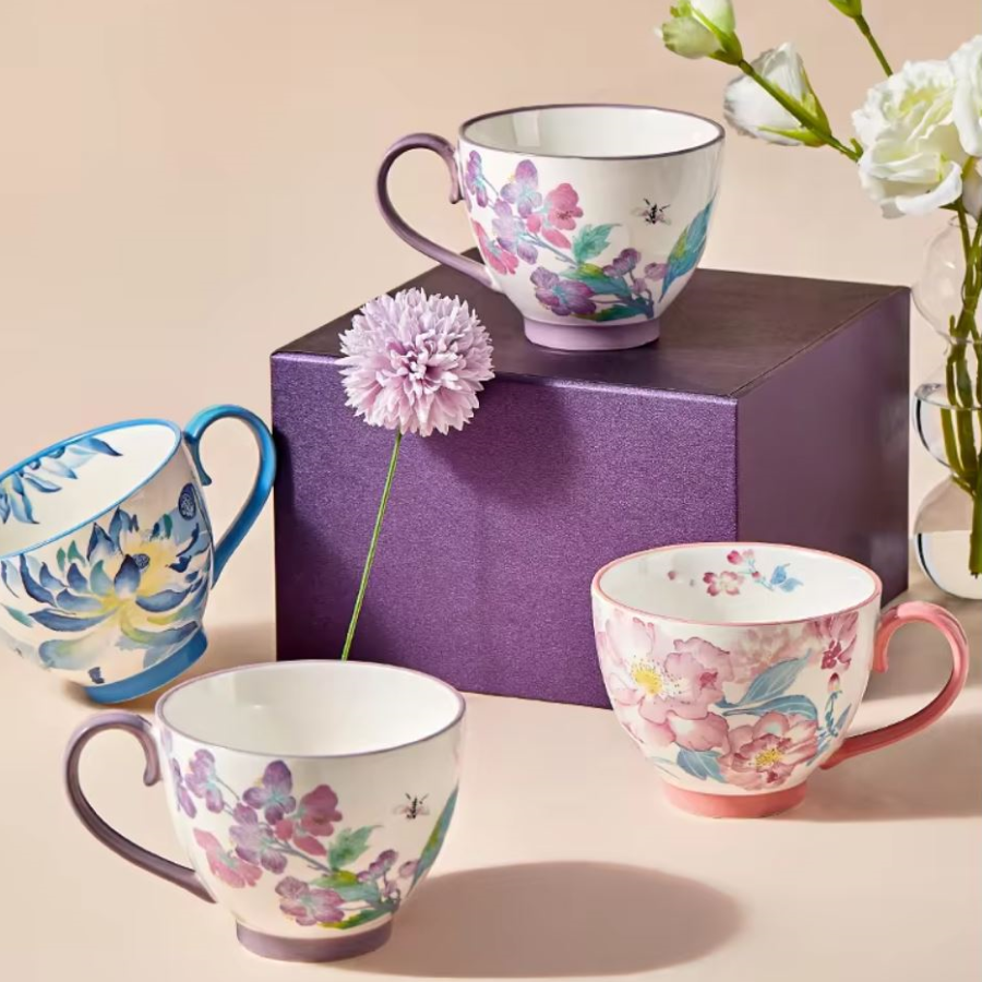 Watercolor Style Flowers On Ceramic Mugs With Pink Blue And Purple Colors Gift Worthy Ceramics For Garden Lovers