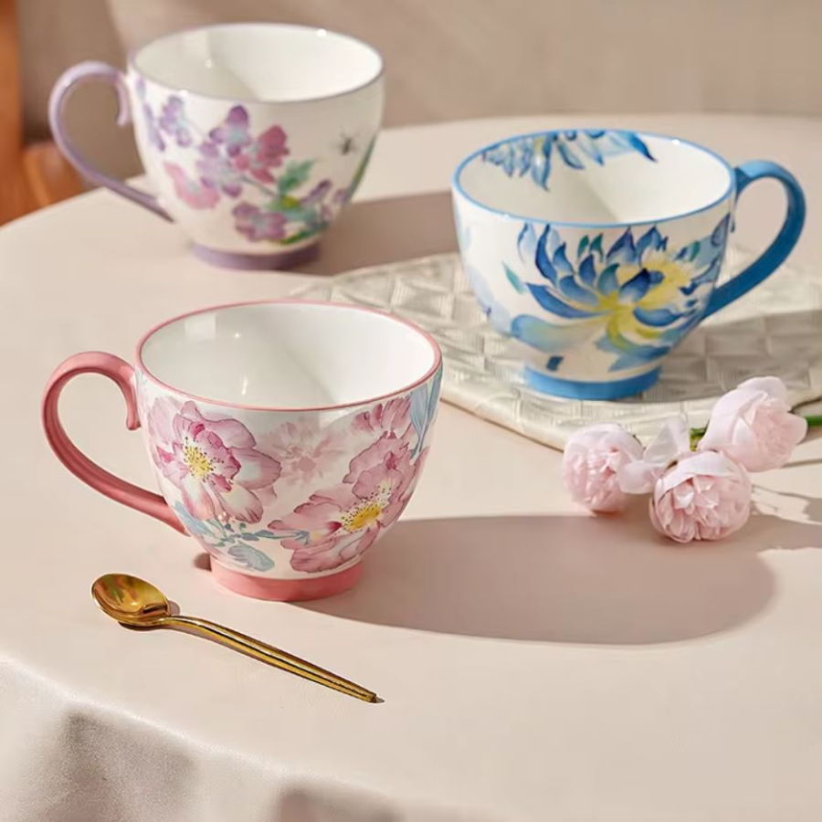 Purple Blue And Pink Flowers On Watercolor Garden Style Pretty Floral Tea Cup Type Ceramic Mugs