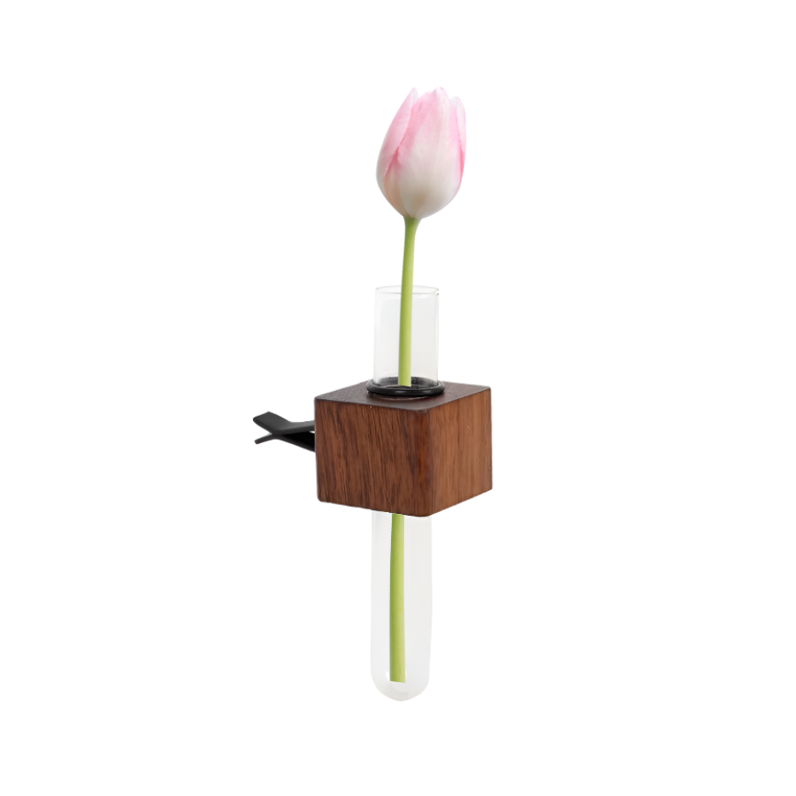 Wood & Glass Tube Car Bud Vases With Vent Clip