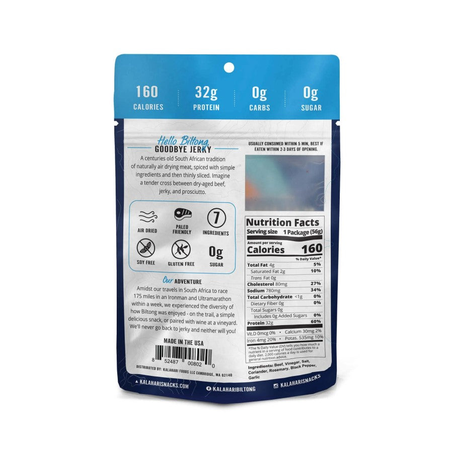 Kalahari Biltong Garlic Flavor 2oz Back Of Bag