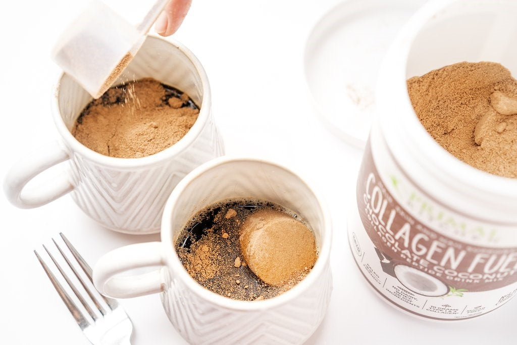 Chocolate Collagen Powder In Coffee For Mugs Of Mocha Beverages Primal Kitchen Collagen Fuel
