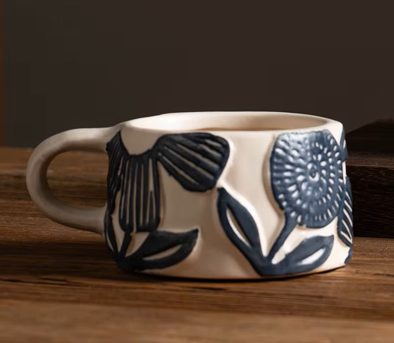 Serene Blooms Shallow Organic Retro Craft Style Ceramic Mug Blue