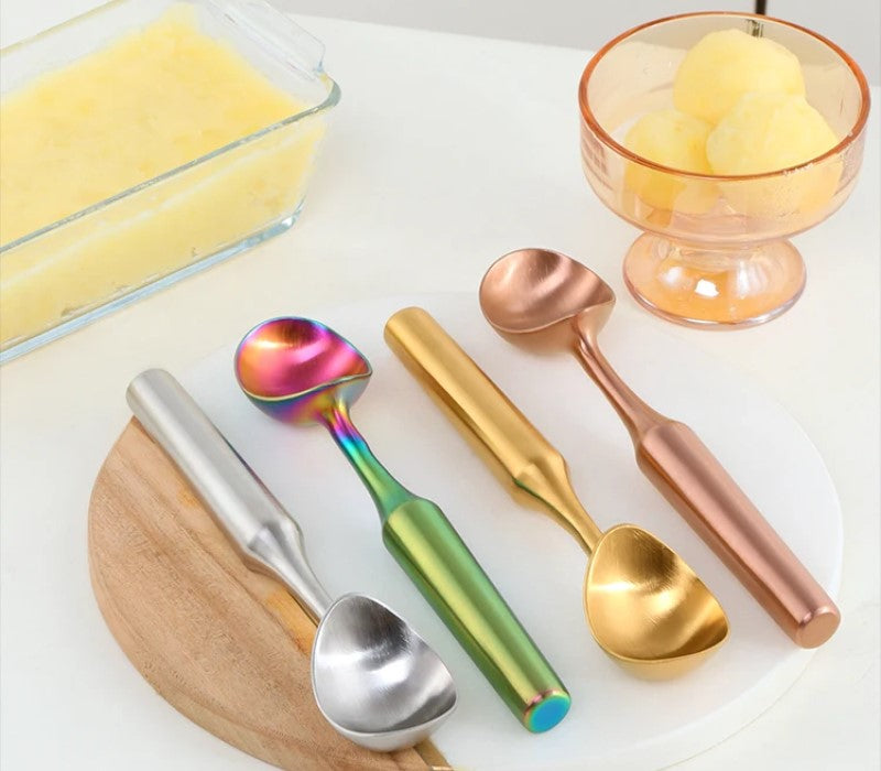 Large Melon Baller Scoops And Classic Ice Cream Scoops Kitchen Utensils For Summer Serving Stainless Steel Scoops In Silver Ombre Iridescent Rainbow Colors Gold And Rose Gold Options