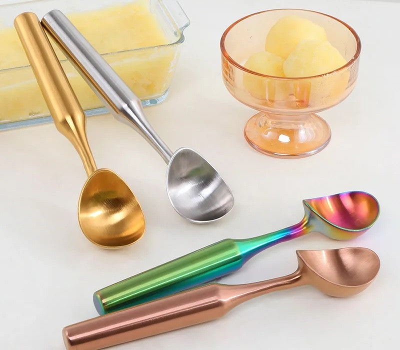 Homemade Ice Cream Dessert Lemon Sherbet Style And Multiple Ice Cream Scoops For Serving Stainless Steel Metal In Gold Silver Iridescent Rainbow And Rose Gold Colors