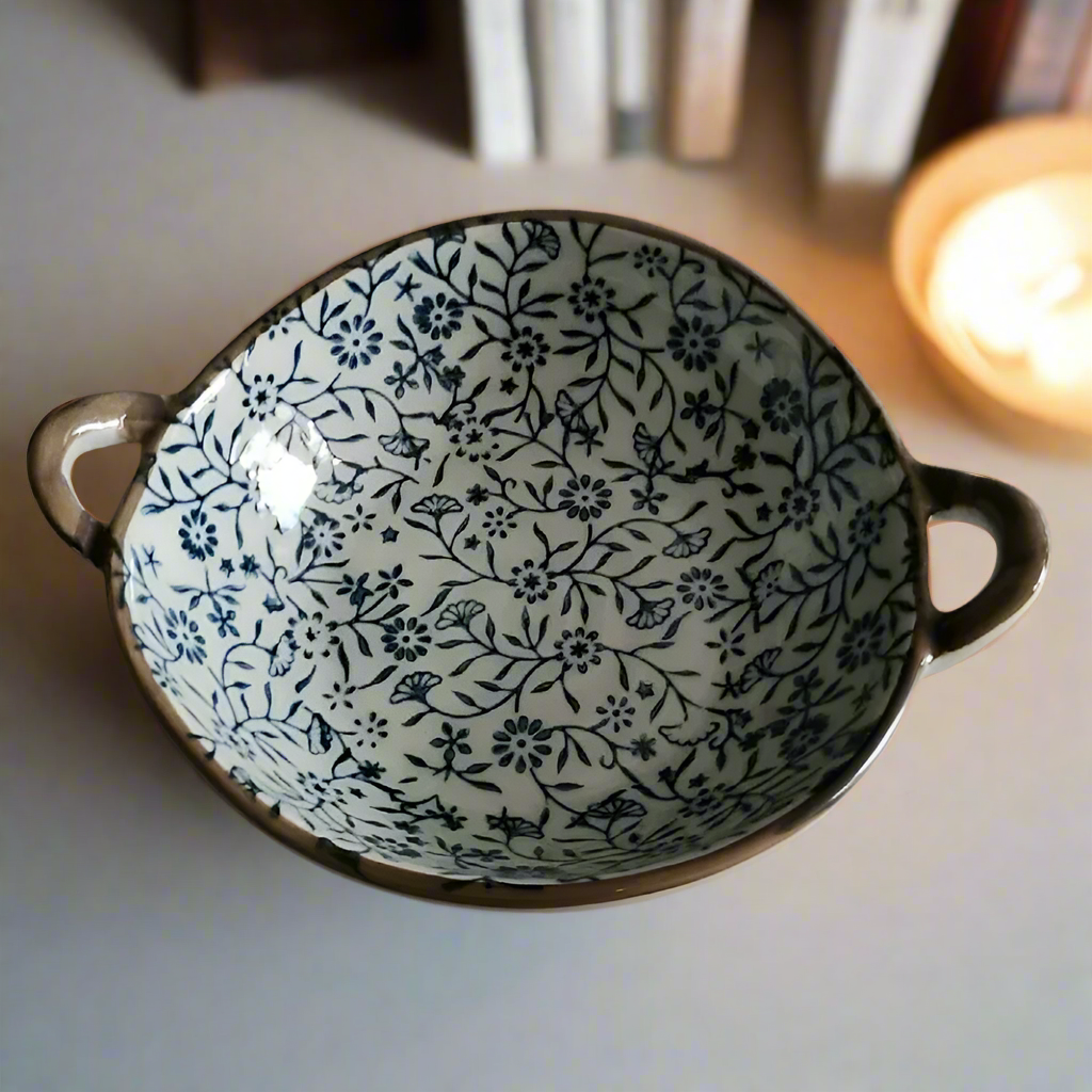 Cozy Farmhouse Style Bowl With Handles Small Flower Pattern Dainty Wildflowers Decorative Bowl Room Decor