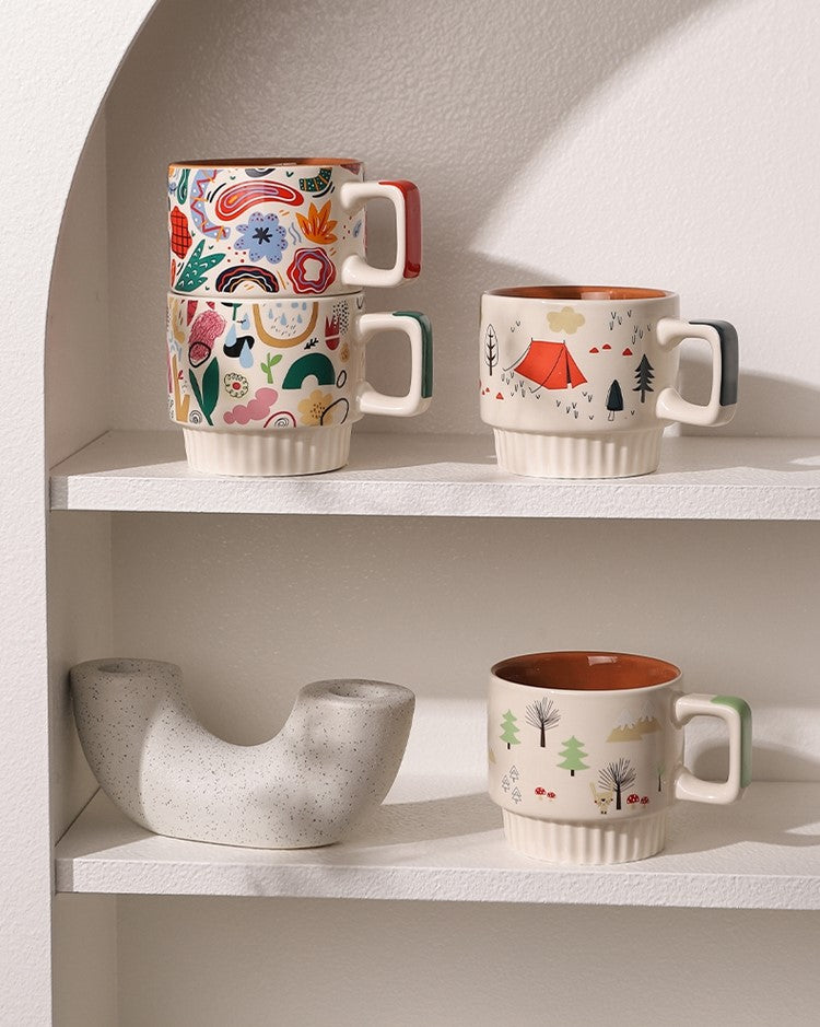 Stylish Home Decor For Open Shelving Stackable Mugs With Colorful Patterns Artful Abstracts Ceramic Cups