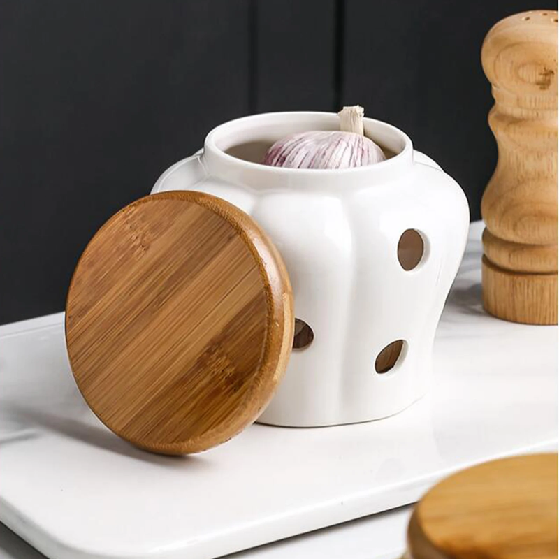 Real Bamboo Wooden Lid And Ceramic Pot With Holes For Garlic Storage That Keeps Garlic Fresher