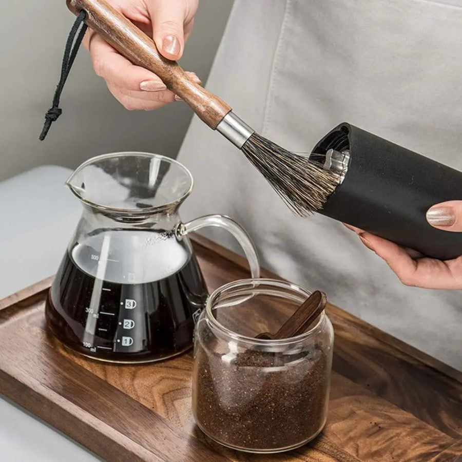 Pot Of Coffee And Fresh Coffee Grounds Home Barista Using Coffee Grinder Brush For Easy Natural Cleaning