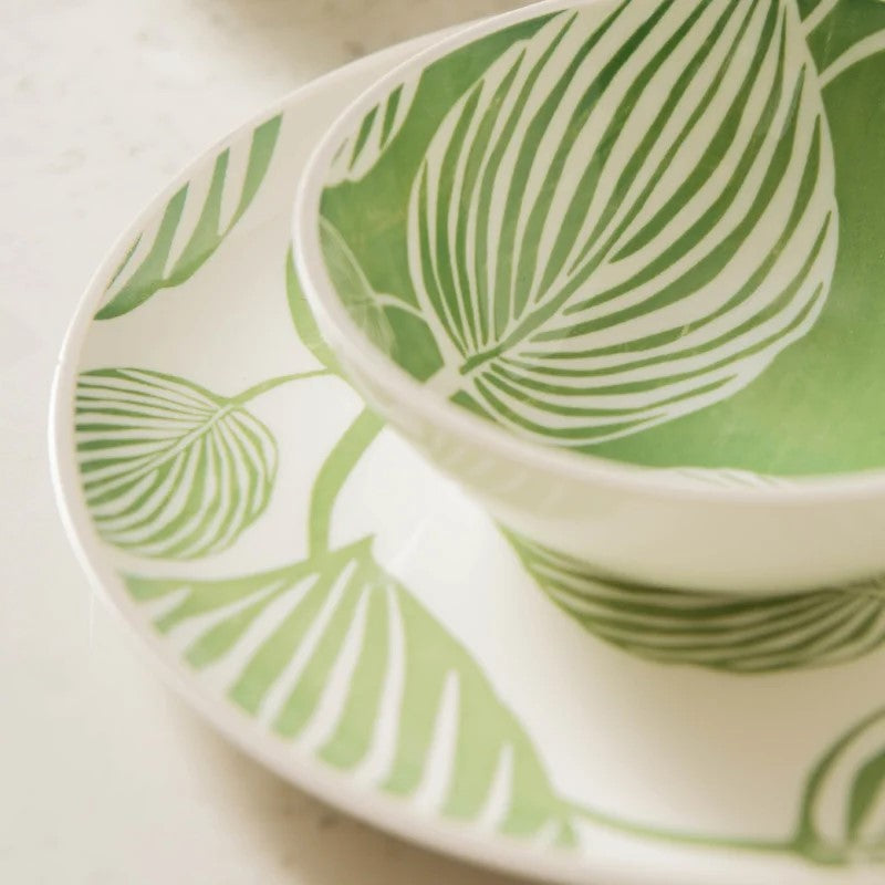 Close Up Leaf Design On White And Green Ceramic Bowl And Plate Leafy Green Dishes
