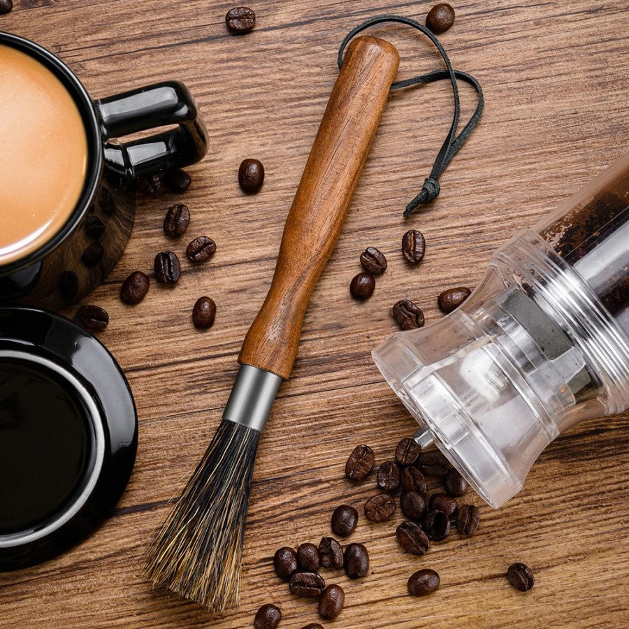 Organic Coffee Beans And A Cup Of Joe With Luxury Barista Wooden Brush With Natural Bristles