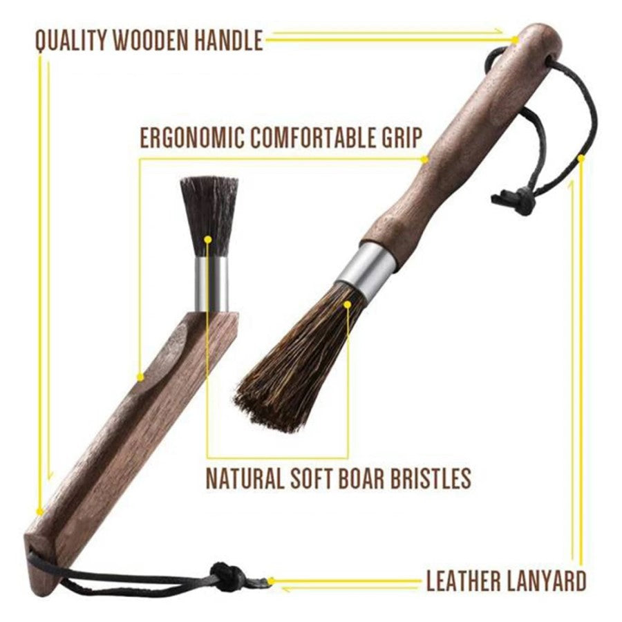 Coffee Bar Accessories Cleaning Brushes Quality Wooden Handle Walnut Wood Ergonomic Comfortable Grip Natural Soft Boar Bristles Leather Loop For Hanging