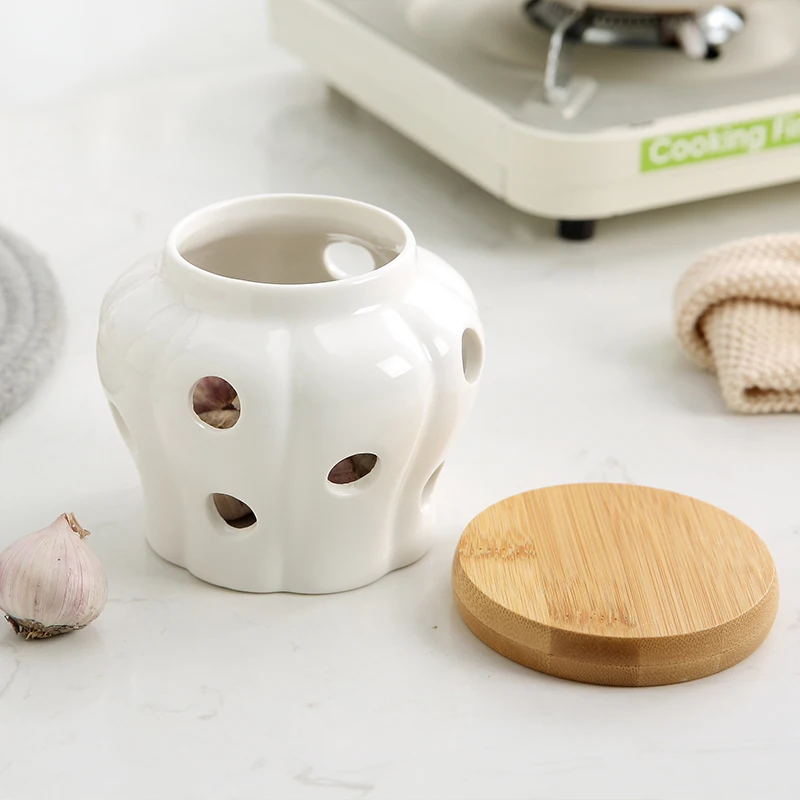 Countertop Decor Simply Perfect Garlic Storage Ceramic Cellar Pot With Lid Made Of Bamboo