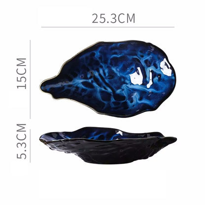 Large Deep Sea Blue Oyster Shaped Ceramic Dish Seashore Serveware