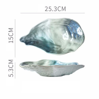 Large Seafoam Lagoon Oyster Shaped Ceramic Dish Seashore Serveware
