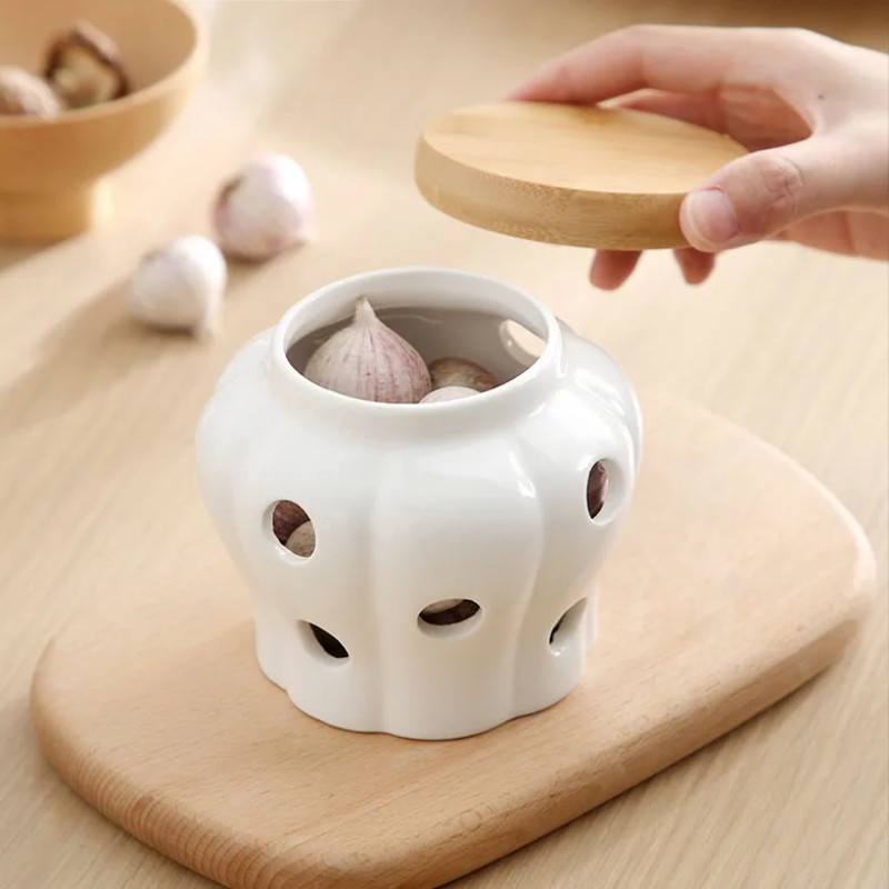 Ceramic Garlic Pot With Bamboo Lid For Kitchen Countertop Food Storage That Keeps Garlic Bulbs Fresh For Longer