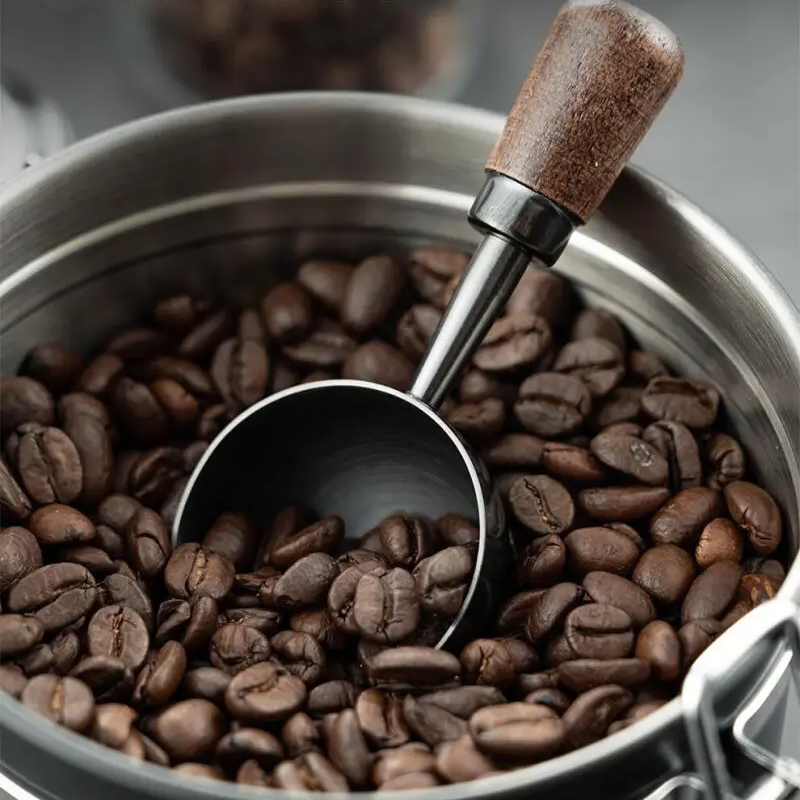 Luxury Barista Walnut And Dark Stainless Steel Coffee Scoop With Short Walnut Wood Handle In Coffee Beans