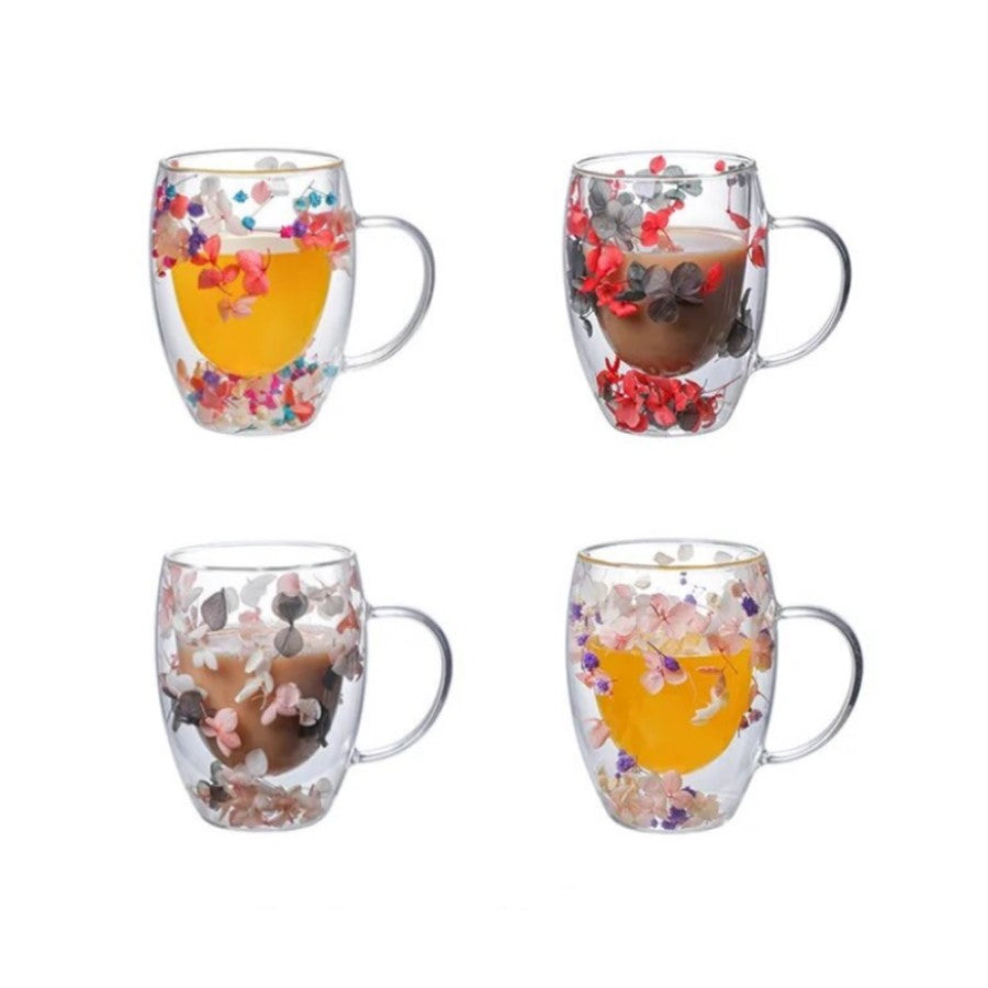 Petal Fancy Dried Flowers Double Wall Glass Mugs