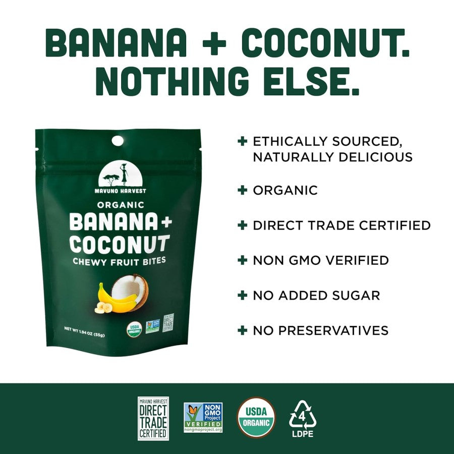 Banana Coconut Nothing Else Organic Direct Trade No Added Sugar Fruit Snack Mavuno Harvest Chewy Fruit Bites