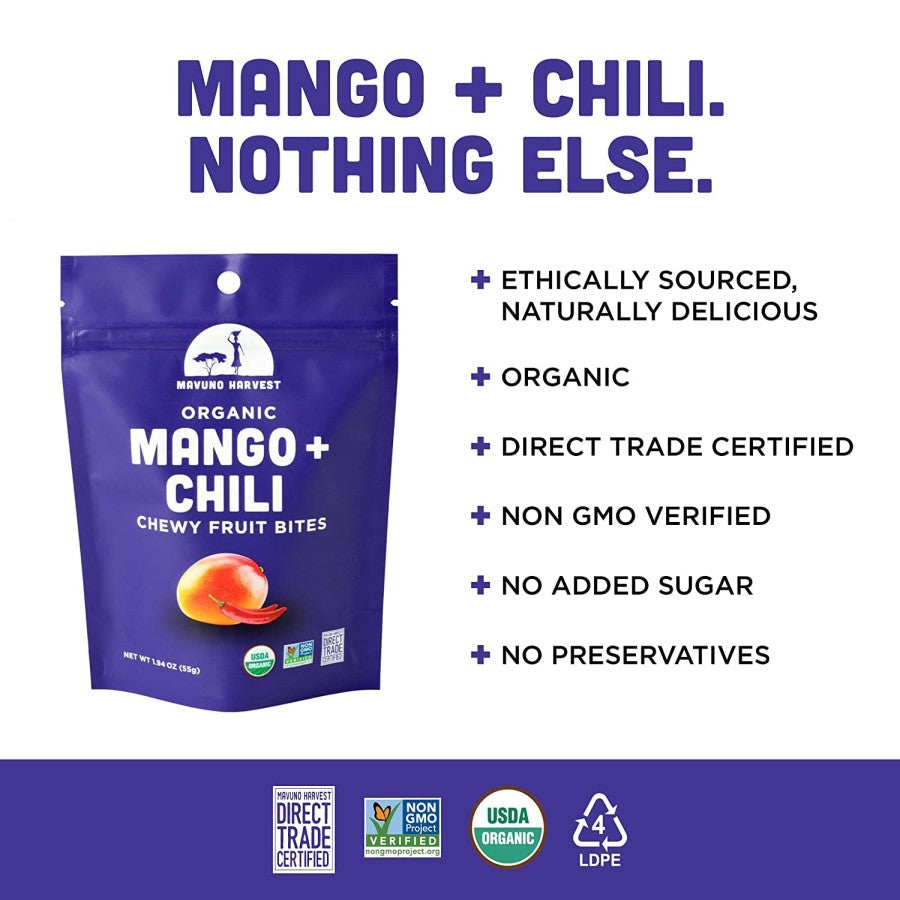 Mango Chili Nothing Else Organic Direct Trade No Added Sugar Fruit Snack Mavuno Harvest Chewy Fruit Bites