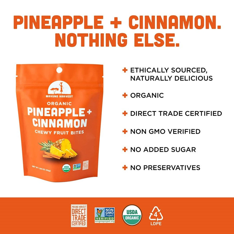 Pineapple Cinnamon Nothing Else Organic Direct Trade No Added Sugar Fruit Snack Mavuno Harvest Chewy Fruit Bites