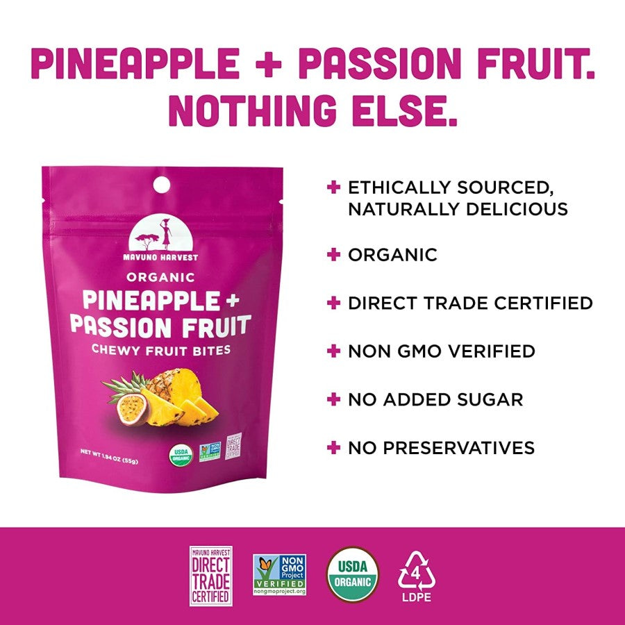 Pineapple Passion Fruit Nothing Else Organic Direct Trade No Added Sugar Fruit Snack Mavuno Harvest Chewy Fruit Bites