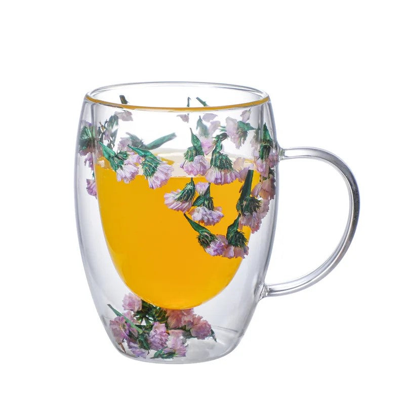 Pink Blossoms In Petite Arbor Double Wall Glass Mug With Dried Flowers