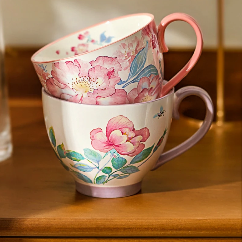 Pink And Purple Mugs Stacked Tea Cups With Watercolor Garden Flowers On Inside And Outside Of Drinkware