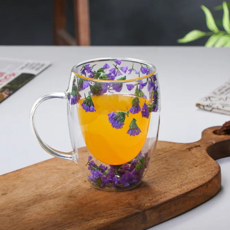 Dried Purple Flower Blossoms In Petite Arbor Double Wall Glass Mug