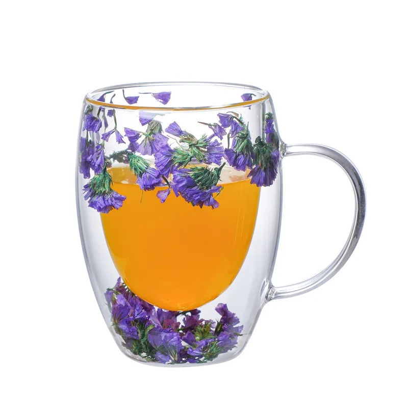 Purple Blossoms In Petite Arbor Double Wall Glass Mug With Dried Flowers
