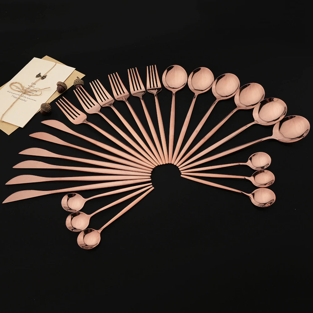 Beautiful Rose Gold Flatware 24 Piece Set Forks Knives And Two Spoon Sizes
