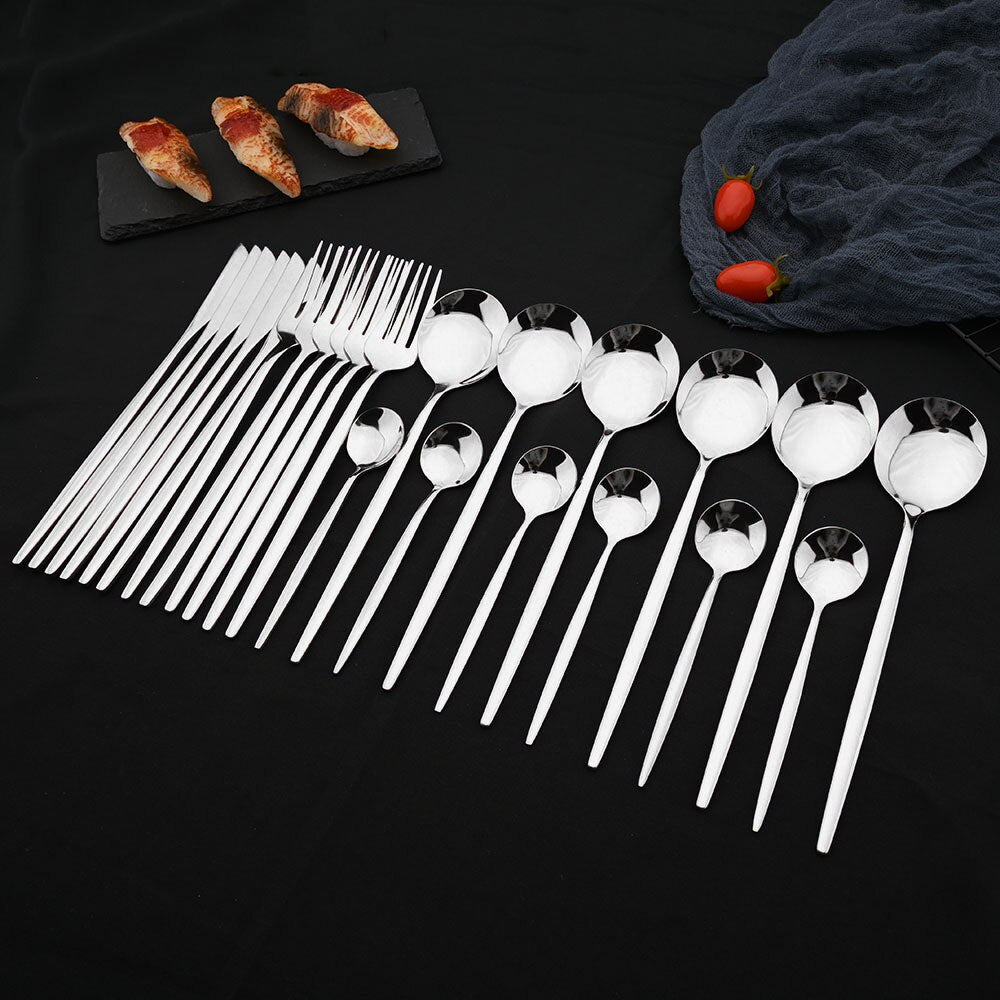 24 Piece Silverware Set Stainless Steel Flatware Modern Style With White Handles