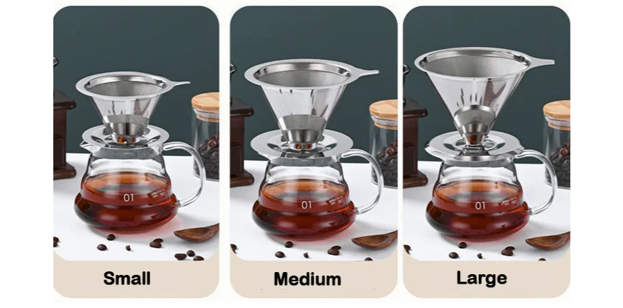 Stainless Steel Cone Shape Coffee Filter With Base Available In Three Sizes For Pour Over Coffee Making