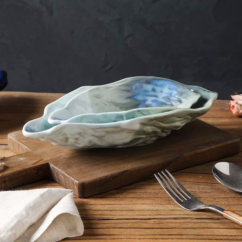 Small And Large Oyster Shaped Ceramic Dishes Seafoam Lagoon Seashore Color Serveware In Gradient Hues