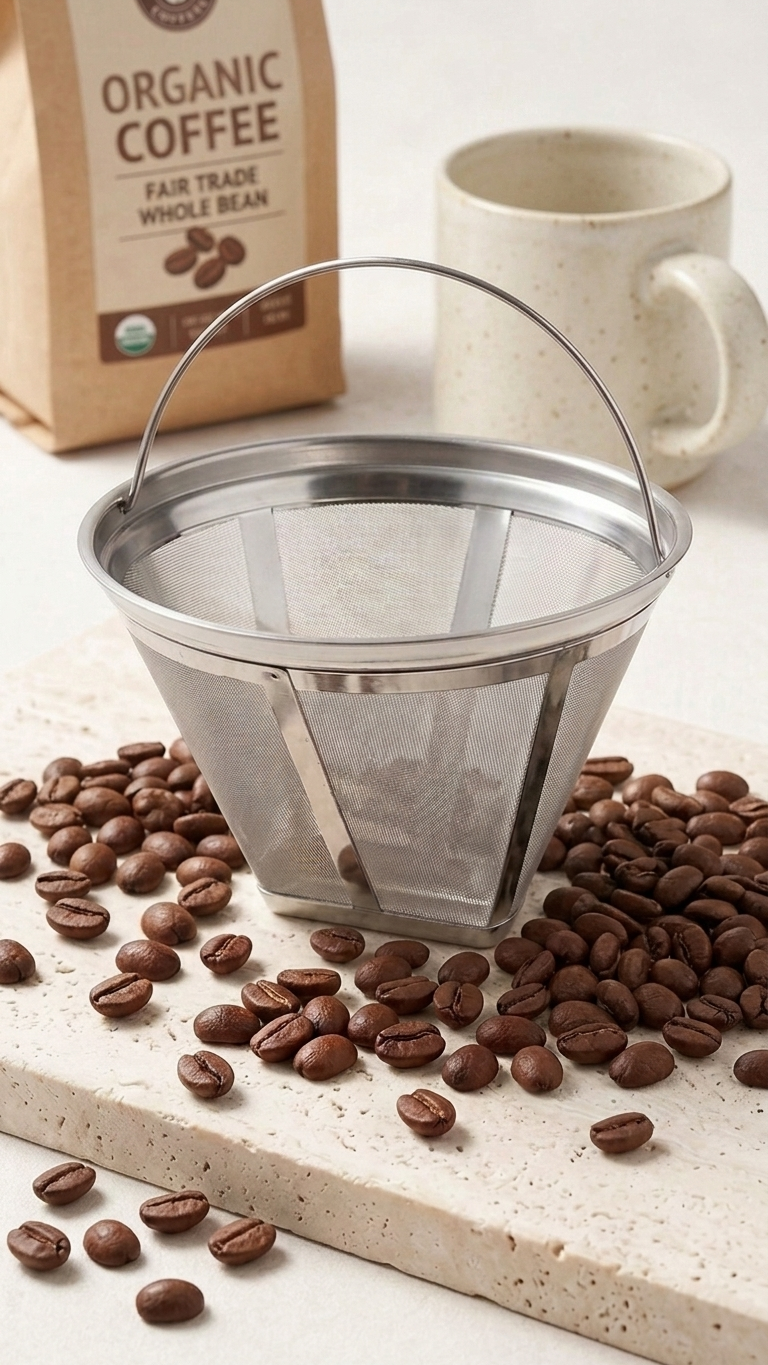 Stainless Steel Coffee Filter Basket For Ground Coffee With Coffee Beans A Coffee Bag and Coffee Mug