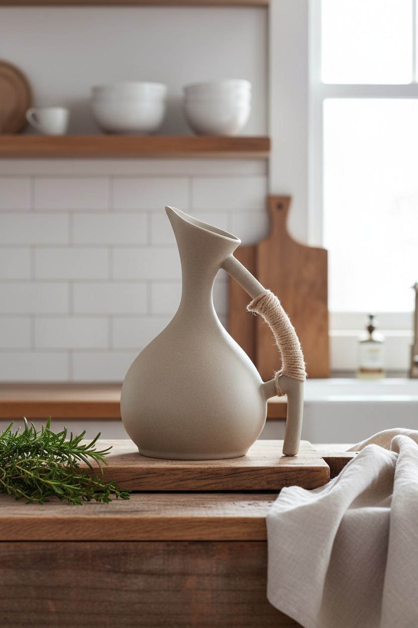 Organic Style Pitcher on Cutting Board in Farmhouse Style Kitchen for Pouring Water
