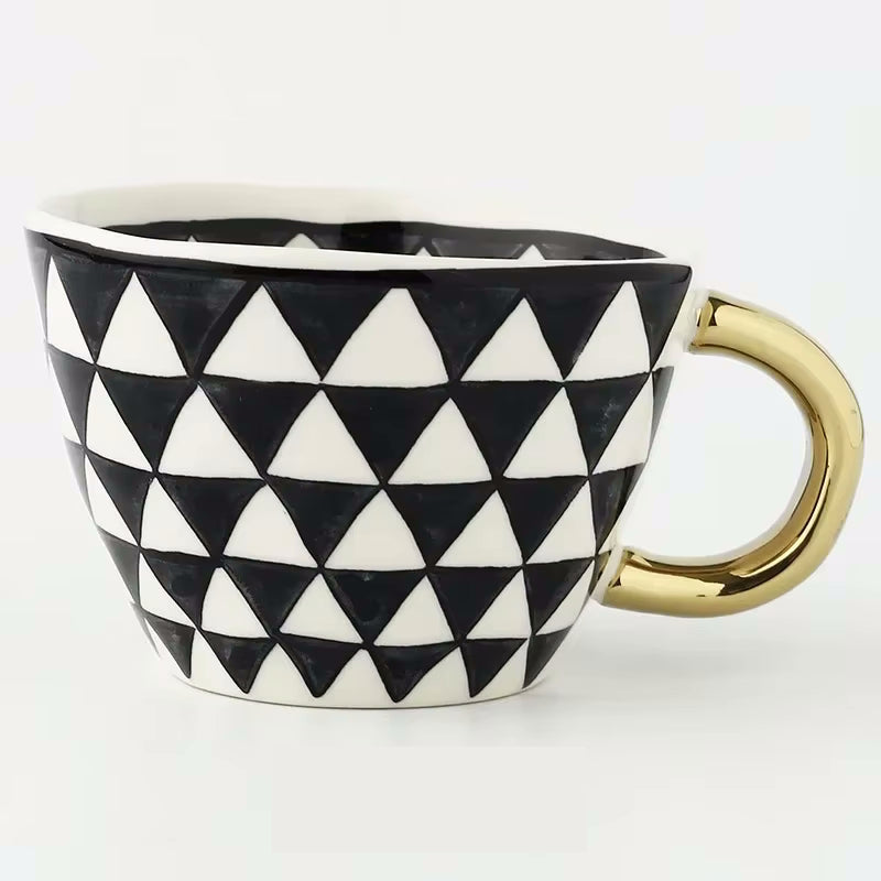 Trideco Artistic Style Patterned Irregular Shaped Ceramic Mug With Gold Handle