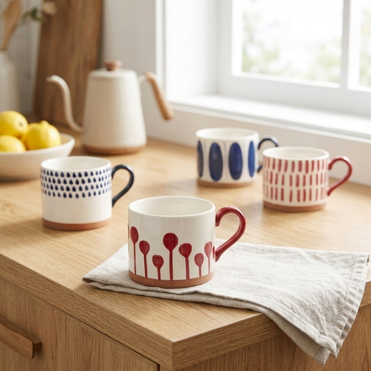 Unique Modern Drinkware Red And Blue Grounded Art Ceramic Mugs With Exposed Pottery Base