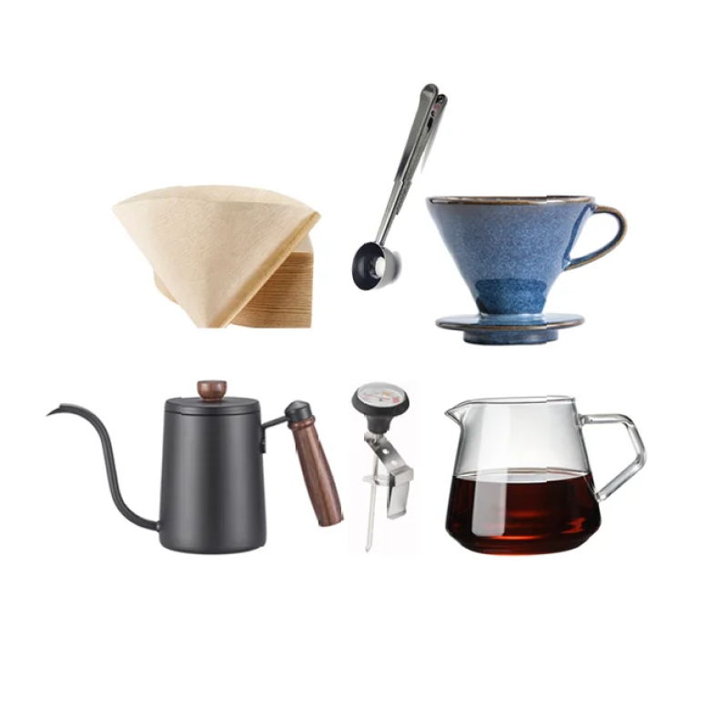 Oceanside Pour Over Coffee Brewing Complete Set 20oz Glass Coffee Pot With Large Ceramic Cone Paper Coffee Filters Stainless Steel Coffee Scoop Gator Clip Thermometers And Goose Neck Kettle